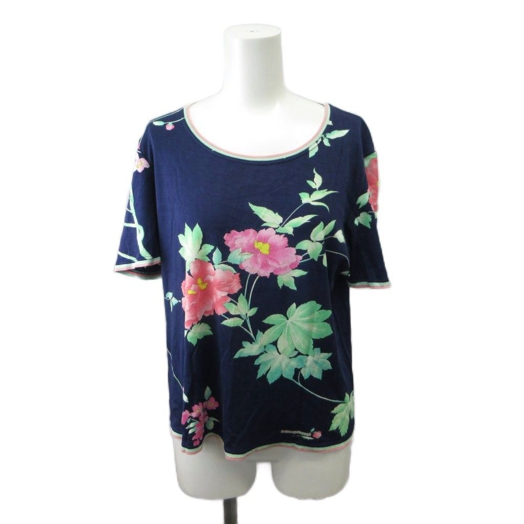 レオナール LEONARD カットソー L ネイビー 紺 マルチカラー 花柄 クルーネック 半袖 Tシャツ /PP ■GY44
