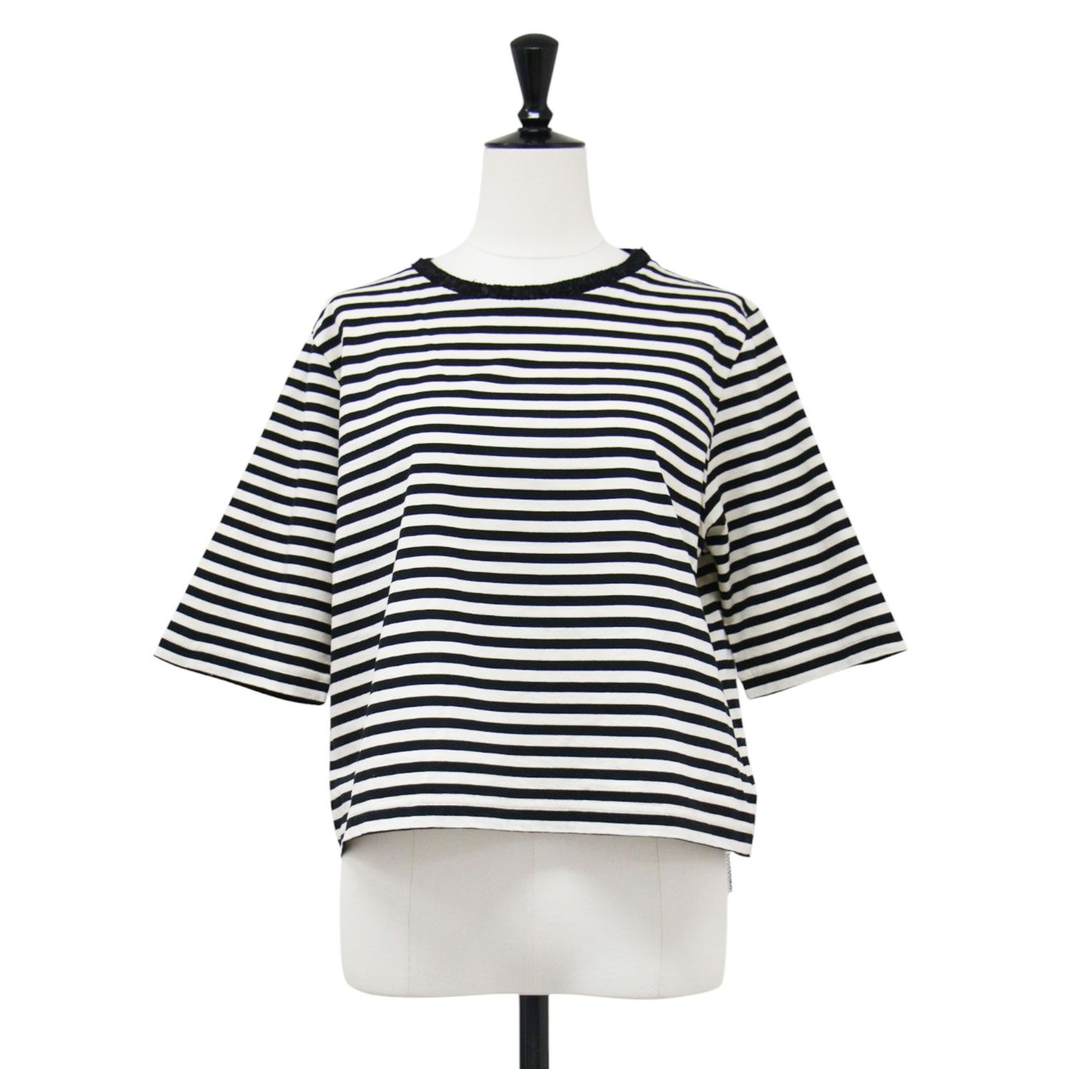 AMACA アマカ カットソー ブラック ベージュ サイズ:40(M) ボーダー 五分袖 Tシャツ プルオーバー クルーネック ハーフスリーブ コットン トップス【レディース】【中古】