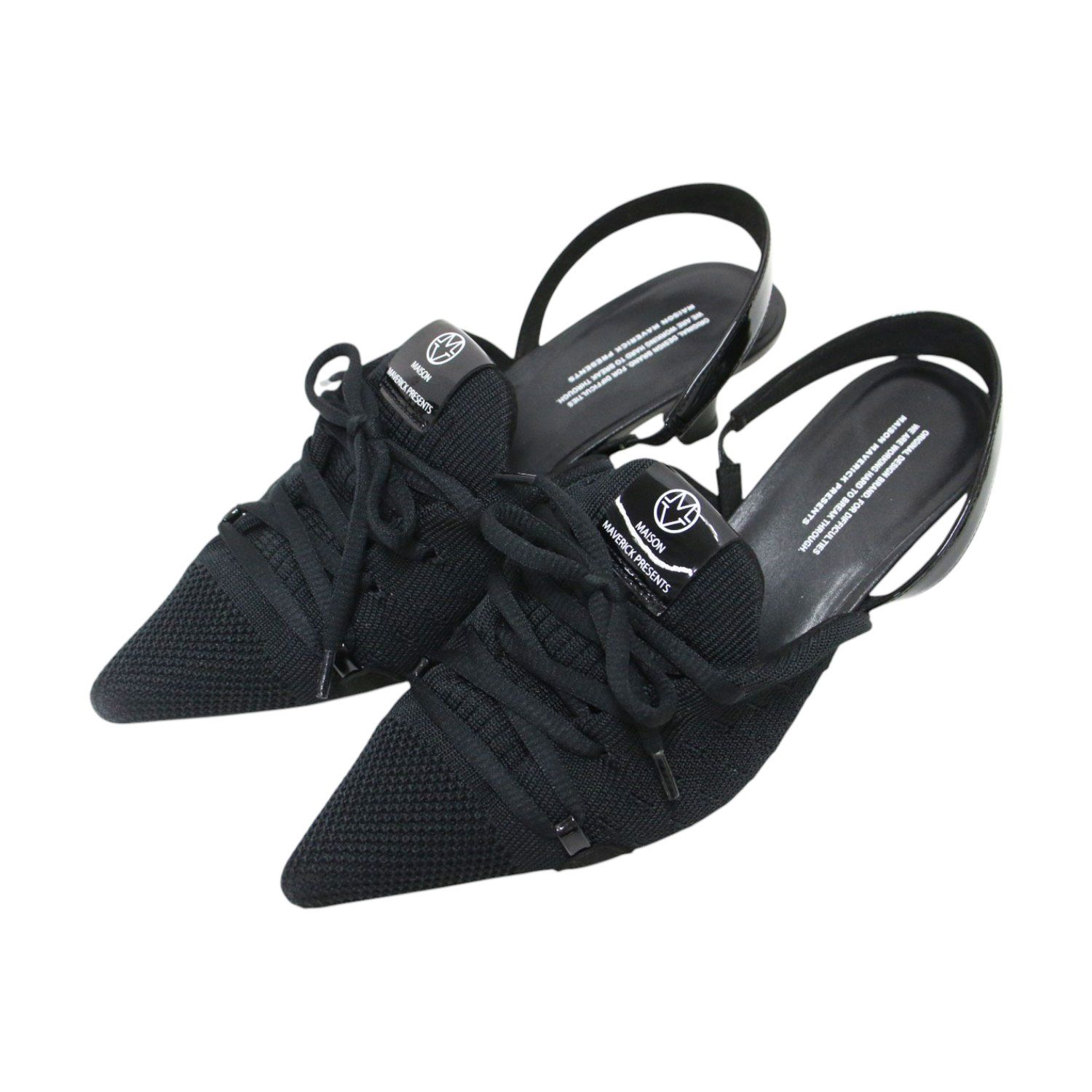 MAISON MAVERICK PRESENT メゾンマヴェリックプレゼンツ サイズ:M(23.5cm) 24春夏 ニット レースアップ ヒールスニーカー パンプス バックストラップ ポインテッドトゥ ロゴ ブラック【レディース】【中古】