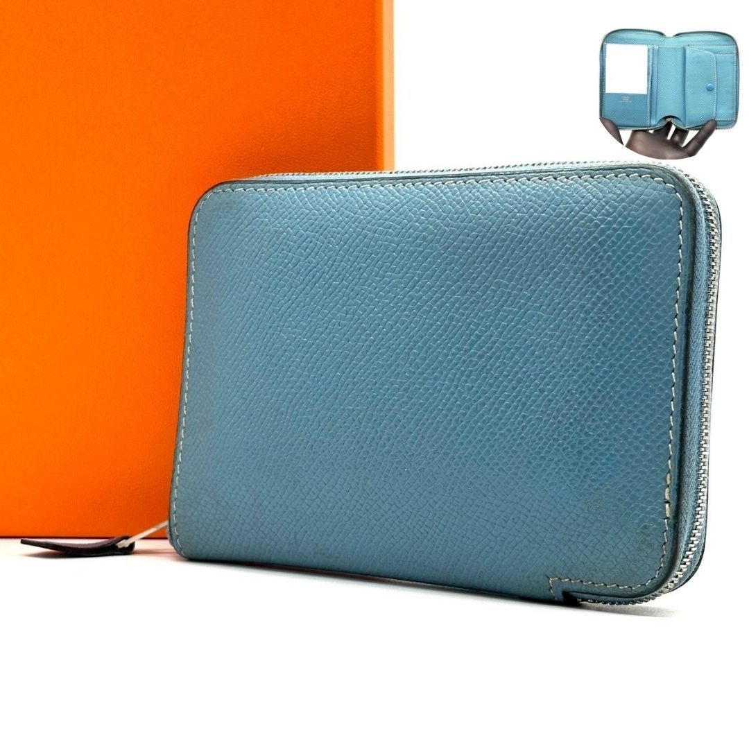 【澄んだ品を添える】 HERMES 二つ折り財布 アザップ ヴェルティカル ラウンドファスナー ヴォーエプソン ブルー