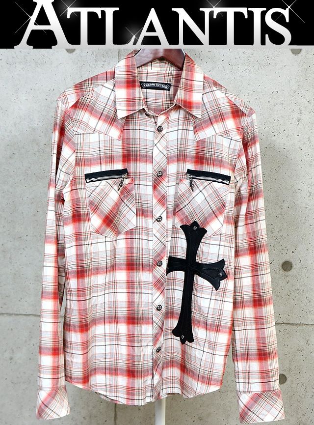 CHROME HEARTS 新宿店 クロムハーツ ラージクロスパッチ ダガージップ クロスボタン チェックシャツ メンズ size:M 赤 31595 CHROME HEARTS 新宿店 クロムハーツ ラージクロスパッチ ダガージップ