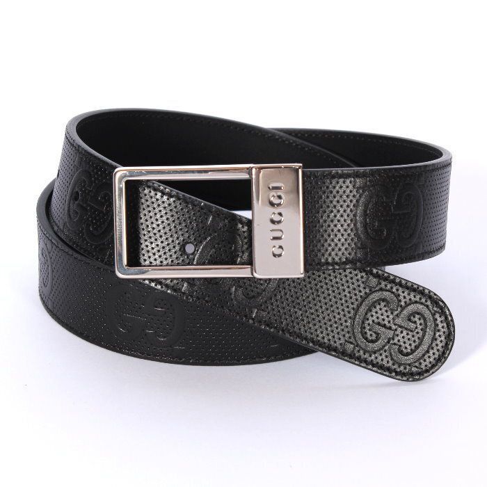 GUCCI グッチ レクタングル型スクエアバックル ベルト 722370 1W30G 1000 ブラック パンチングレザー GGエンボス ロゴエングレービング メンズ レディース ユニセックス【新品/本物】売れ筋