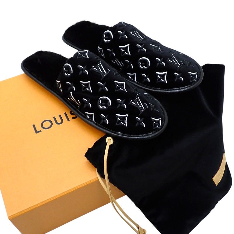 ルイヴィトン LOUIS VUITTON LVスイート・ラインミュール スリッパ ルームシューズ US41～42 JP26～27 ベルベット ミンクファー ブラック 黒 メンズ【中古】【Aランク】