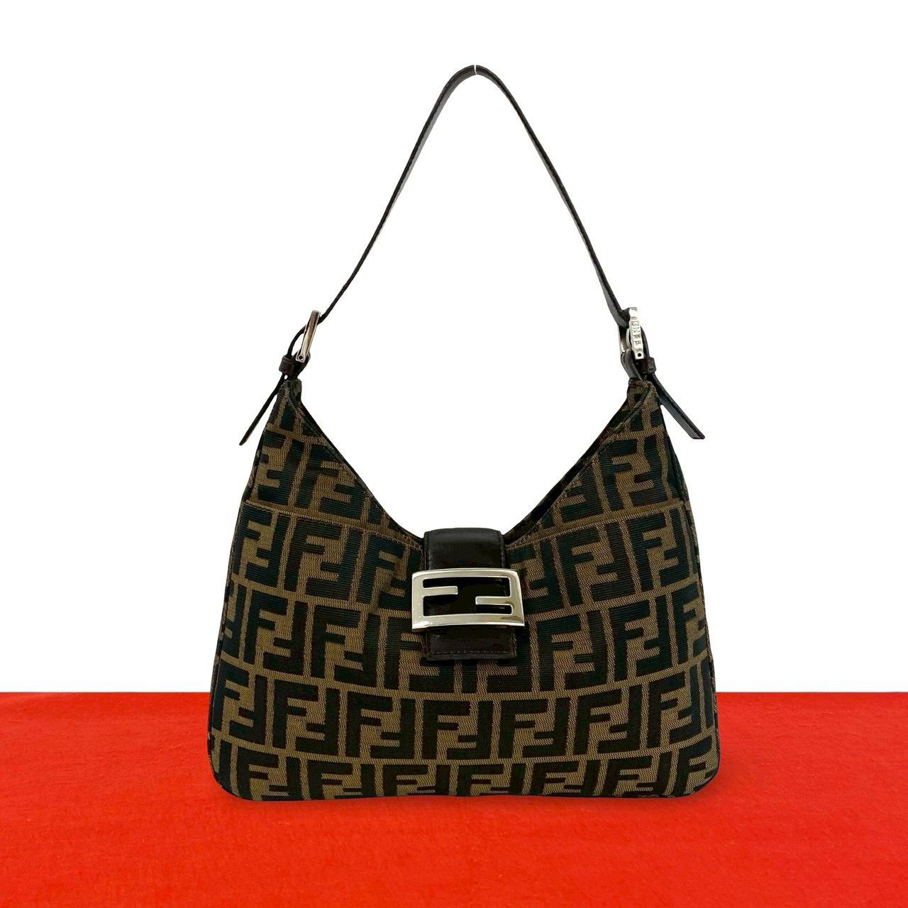 極 美品 FENDI フェンディ ズッカ FF 柄 キャンバス レザー 本革 セミ