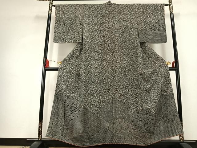 平和屋着物●江戸小紋　訪問着　毘沙門亀甲　草花文　黒地　正絹　逸品　未使用　AABK1592fy