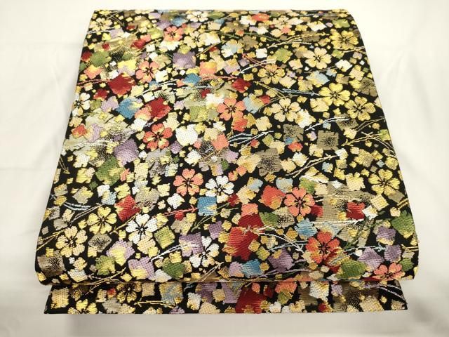平和屋着物●六通柄袋帯　枝垂桜切金散し　黒地　金糸　正絹　逸品　CABJ9461dy