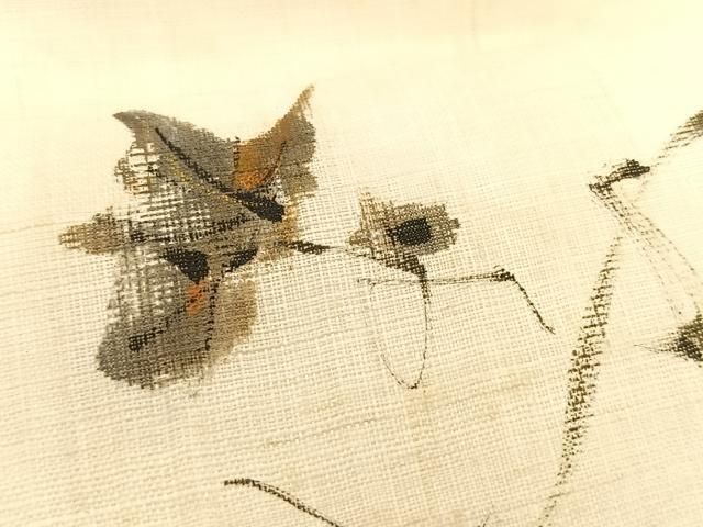 平和屋着物＊夏物　九寸名古屋帯　作家物　手描き　葡萄蔦の葉文　金彩　麻　逸品　CABK1442fb