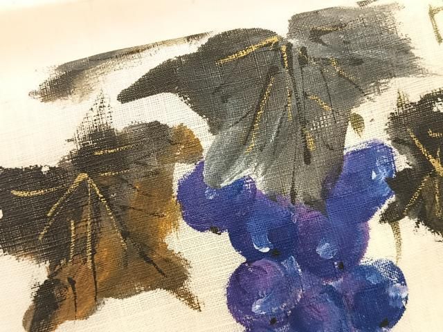 平和屋着物＊夏物　九寸名古屋帯　作家物　手描き　葡萄蔦の葉文　金彩　麻　逸品　CABK1442fb