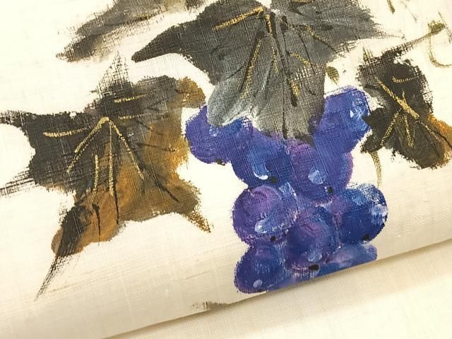 平和屋着物＊夏物　九寸名古屋帯　作家物　手描き　葡萄蔦の葉文　金彩　麻　逸品　CABK1442fb