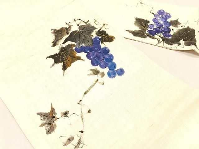 平和屋着物＊夏物　九寸名古屋帯　作家物　手描き　葡萄蔦の葉文　金彩　麻　逸品　CABK1442fb
