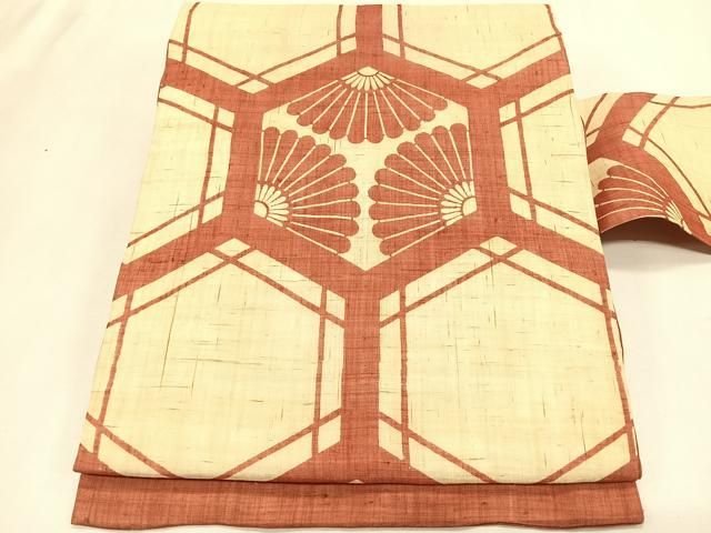 平和屋着物＊夏物　九寸名古屋帯　亀甲菊文　麻　逸品　CABK1457fb