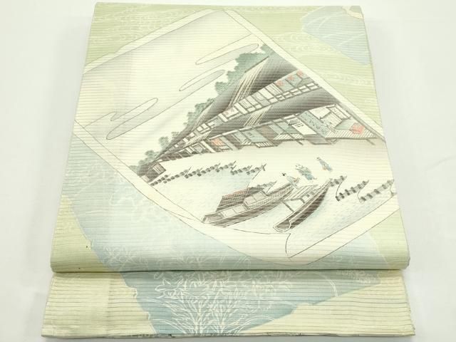 平和屋着物＊夏物　アンティーク　大正ロマン　丸帯　人物風景文　正絹　逸品　CABJ9118rv