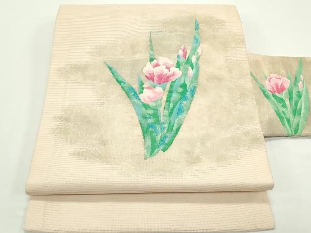 平和屋着物＊夏物　九寸名古屋帯　草花文　正絹　逸品　CABJ9131rv