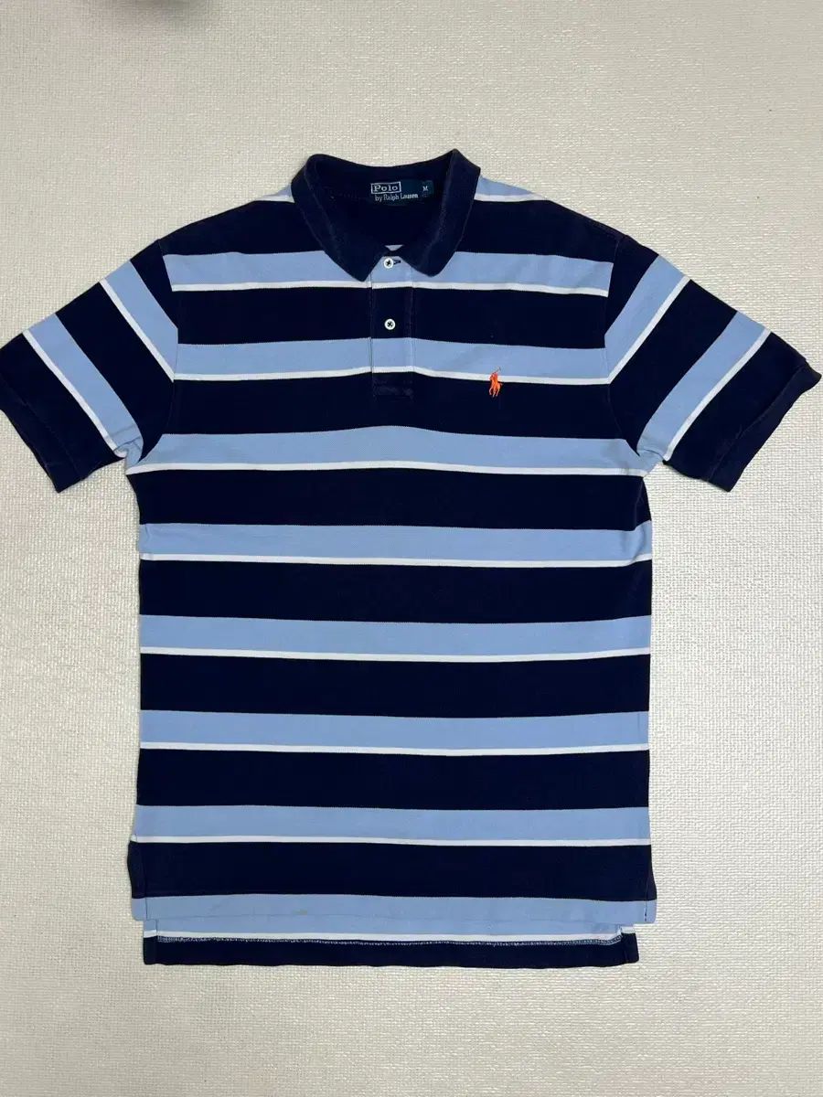 00s POLO by Ralph Lauren ポロ ネイビーブルー ストライプ ピケ ポロシャツ M / オレンジ ポニー