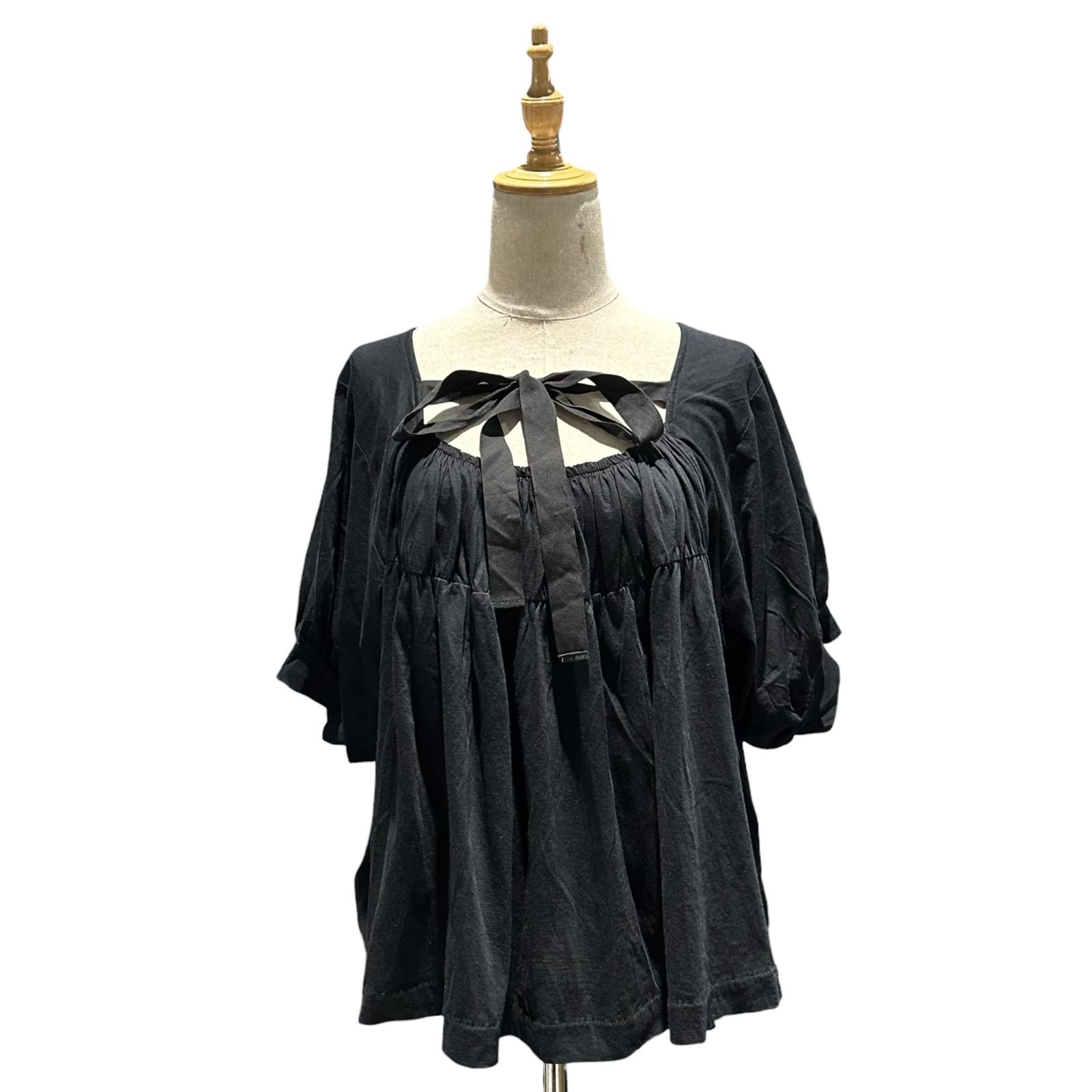 tricot COMME des GARCONS(トリココムデギャルソン) 2014SS Front-Ribbon Gathered Cut-and-Sew Top フロントリボン ギャザー カットソー TM-T035 M ブラック AD2013
