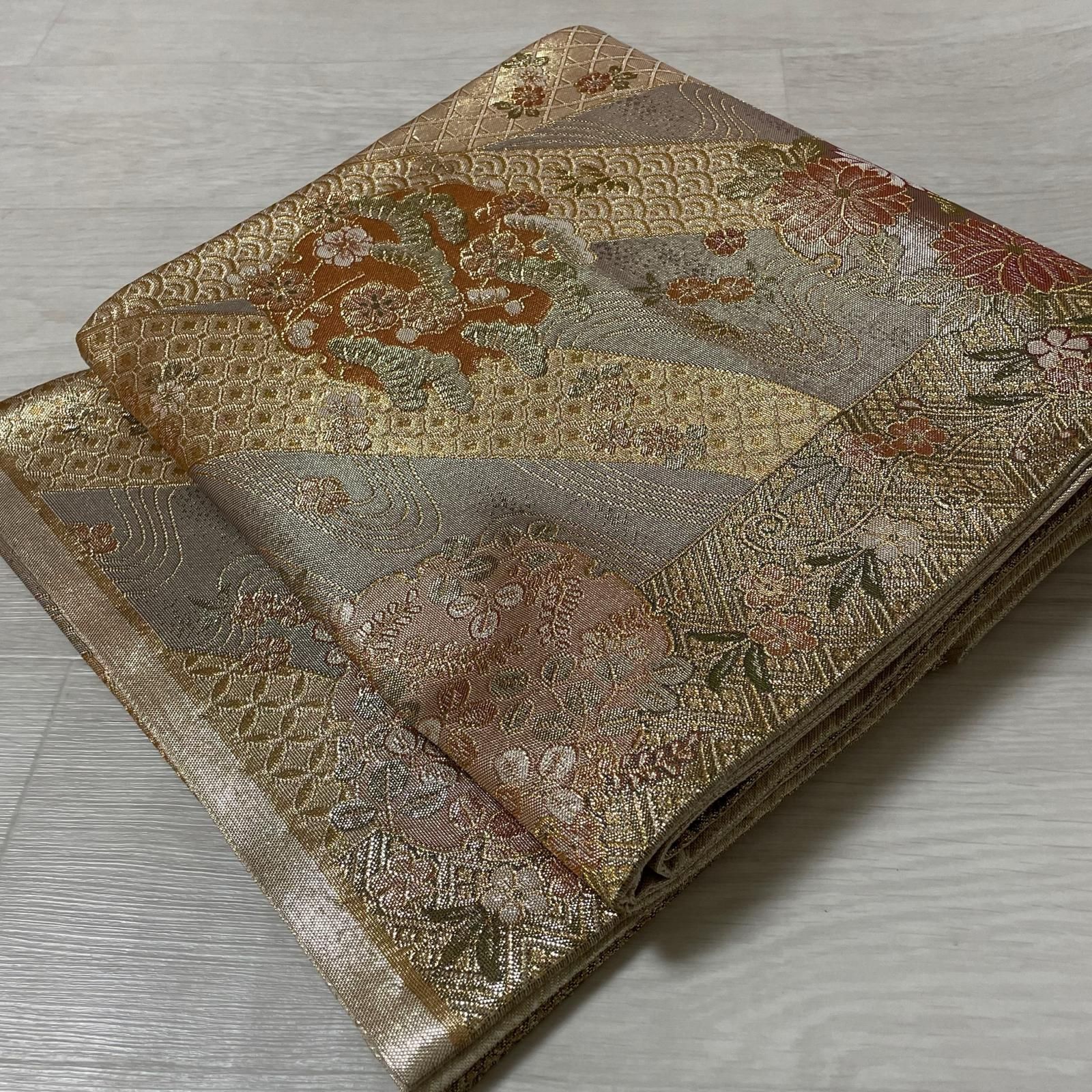 袋帯 佐賀錦 煌びやかな花模様 正絹 着物 X-4854