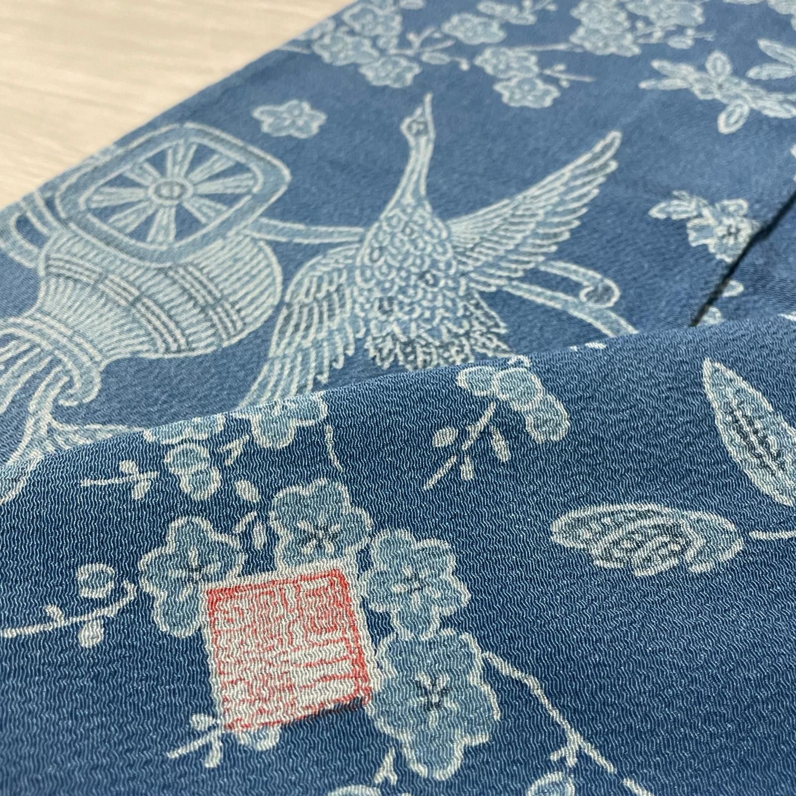 作家物 小紋 型染め ちりめん 裄66.5 単衣仕立て 花模様に鳥 着物 正絹 X-4900