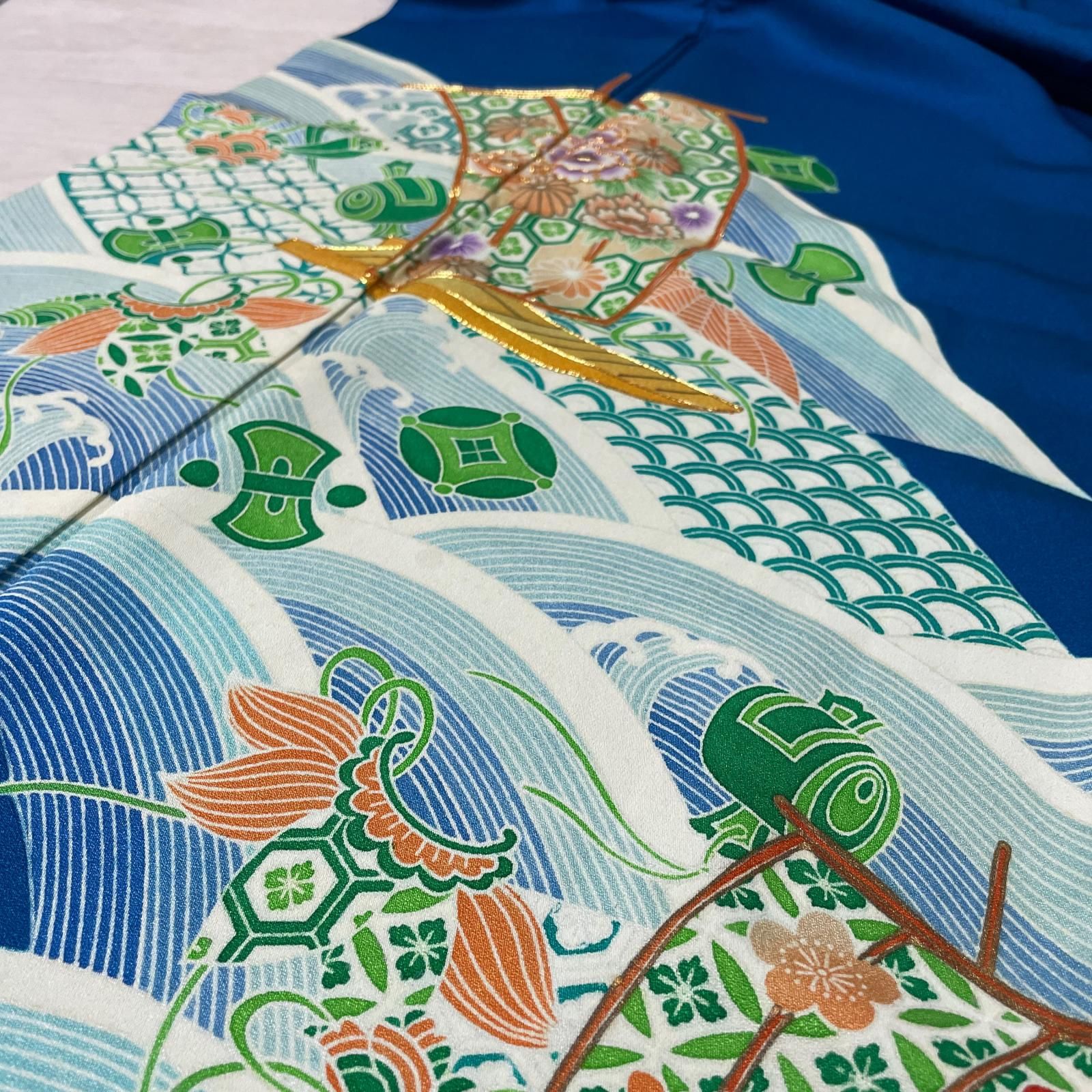 付下げ 荒波に船 宝尽くし 金駒刺繍 着物 正絹 X-5045