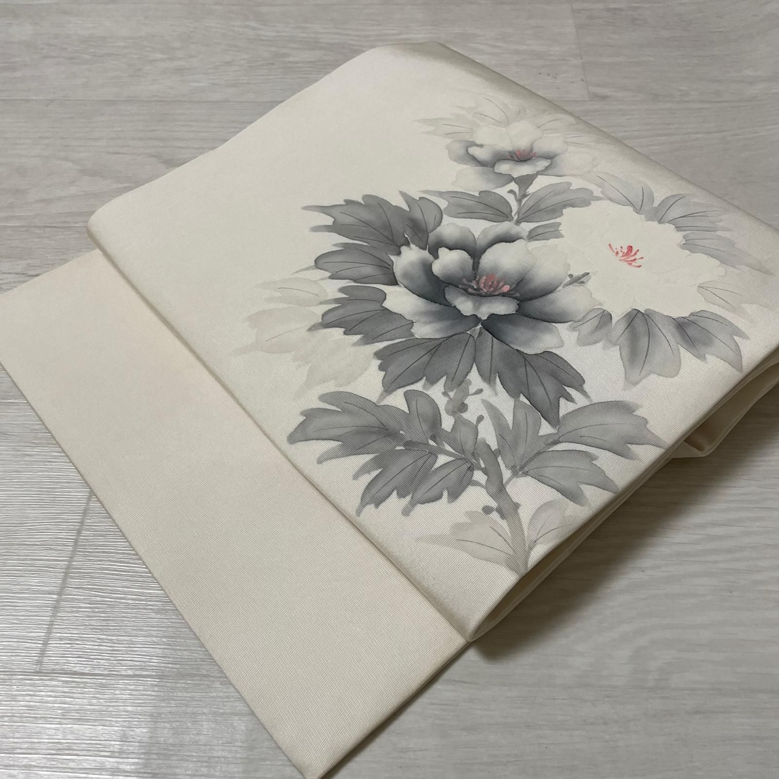 名古屋帯 塩瀬 墨書きの花模様 九寸 正絹 着物 X-5166