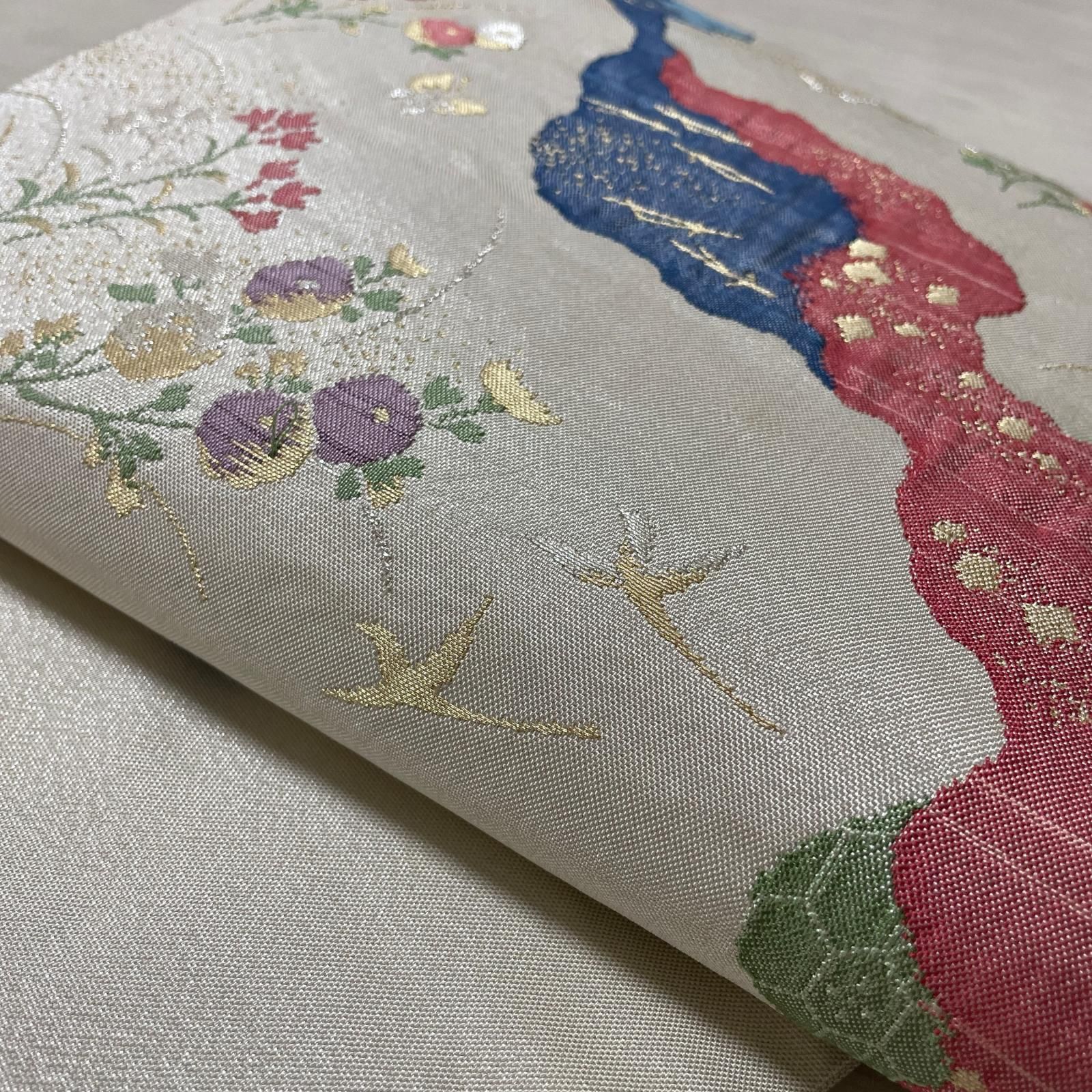 名古屋帯 流水 花模様 九寸 正絹 着物 X-5234