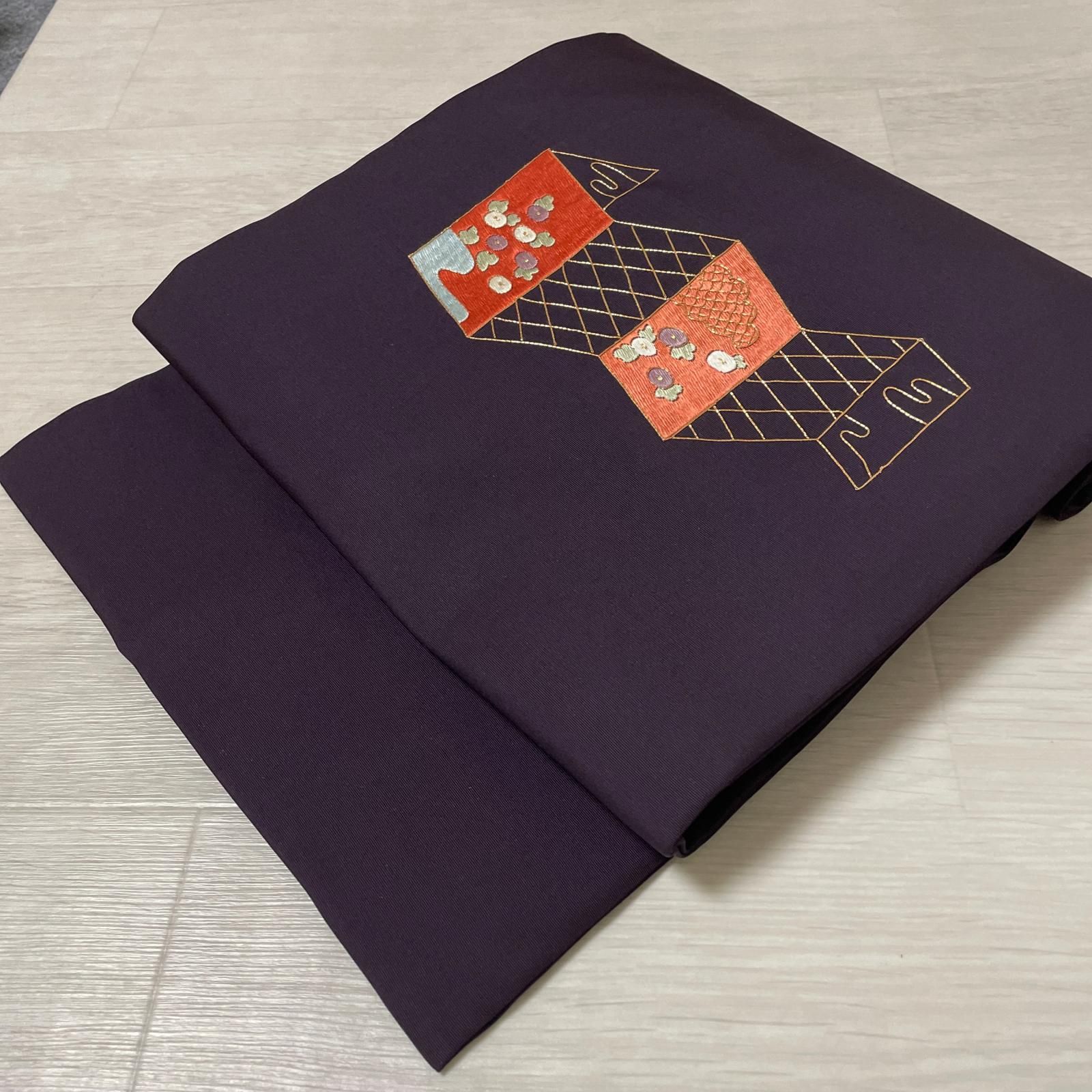 名古屋帯 塩瀬 刺繍 万寿菊 九寸 正絹 着物 X-5242