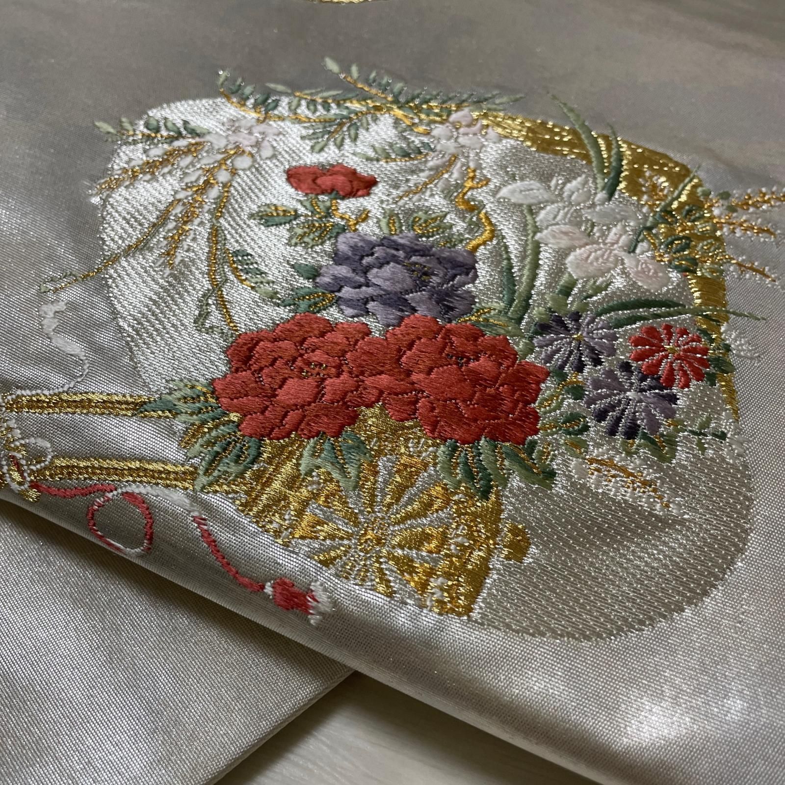 名古屋帯 唐織 貝合わせ 花模様 九寸 正絹 着物 X-5258