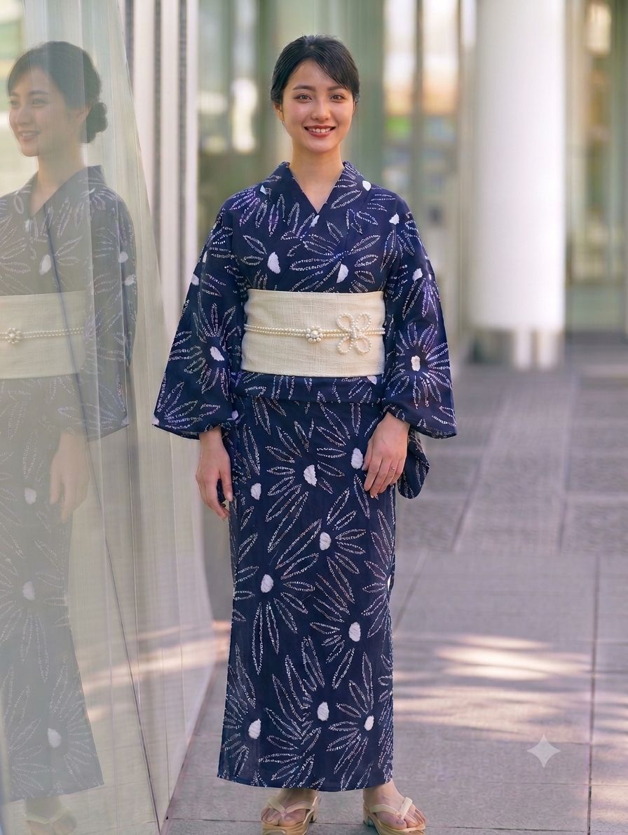 美品 有松鳴海絞り 高級浴衣 総絞り 藍染め 大輪花 身丈157 裄64 紺白