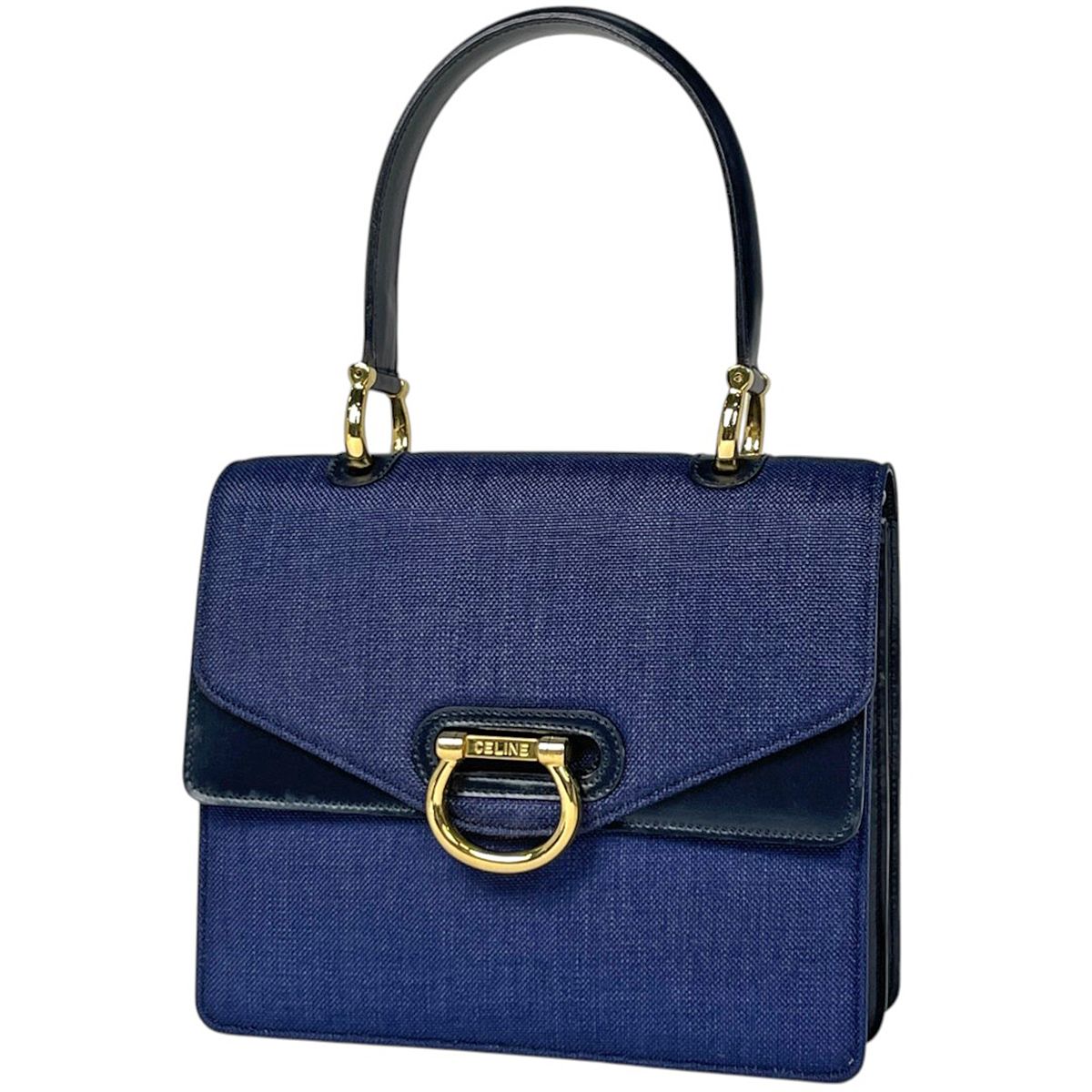 セリーヌ CELINE ハンドバッグ Wフラップ キャンバス ネイビー レディース 【中古】