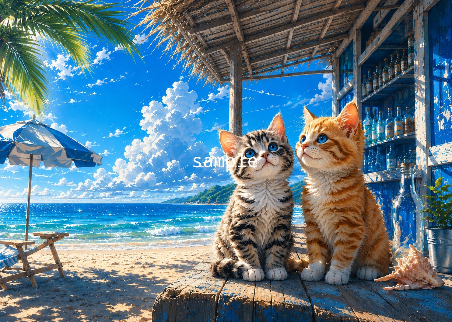 夏の海の家と子猫たち｜透明感あふれる癒しのヒーリングアートNo.688