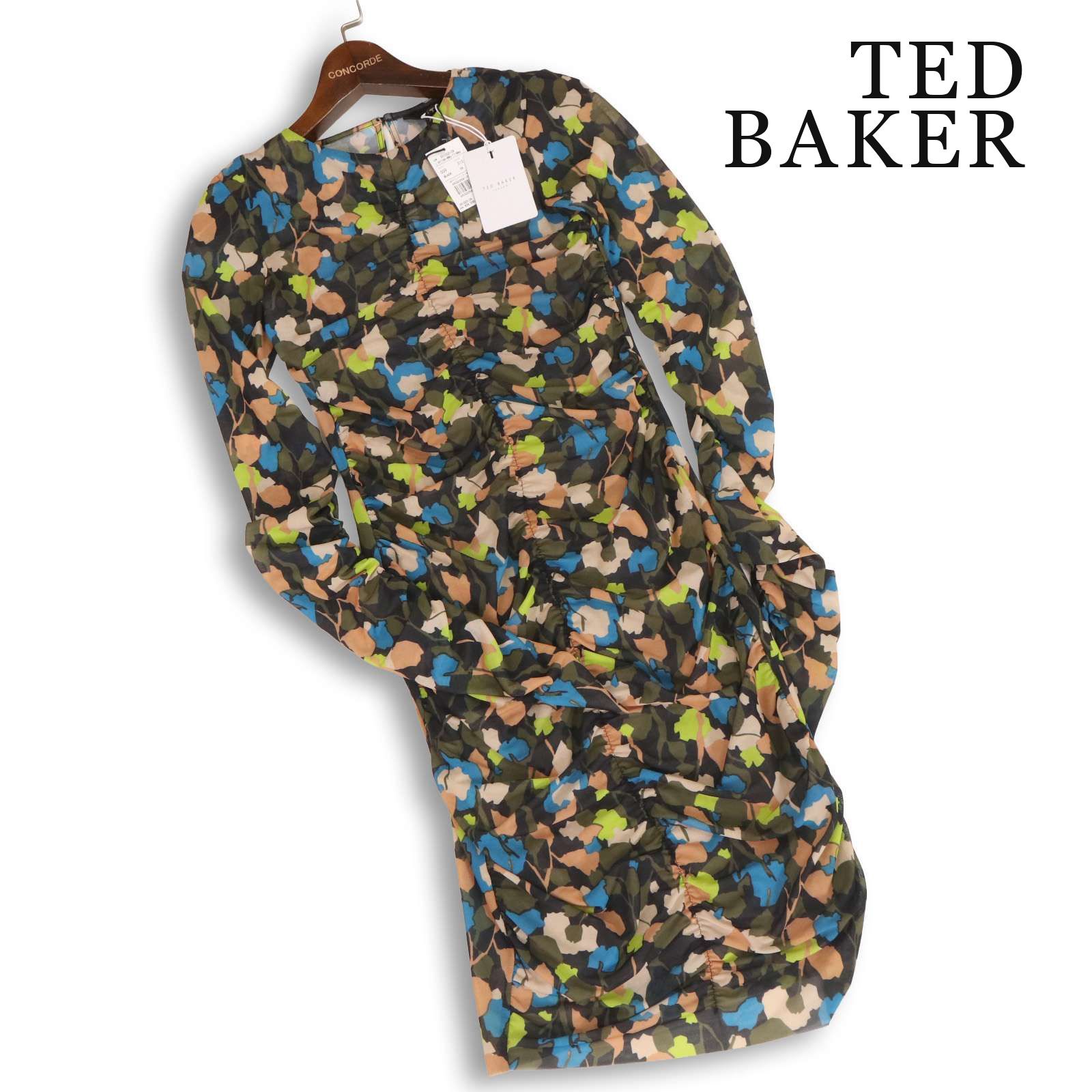 【新品 未使用】 TED BAKER テッドベーカー 春夏★ 【TTINNA】 総柄 メッシュ ギャザー ワンピース ドレス Sz.0 レディース