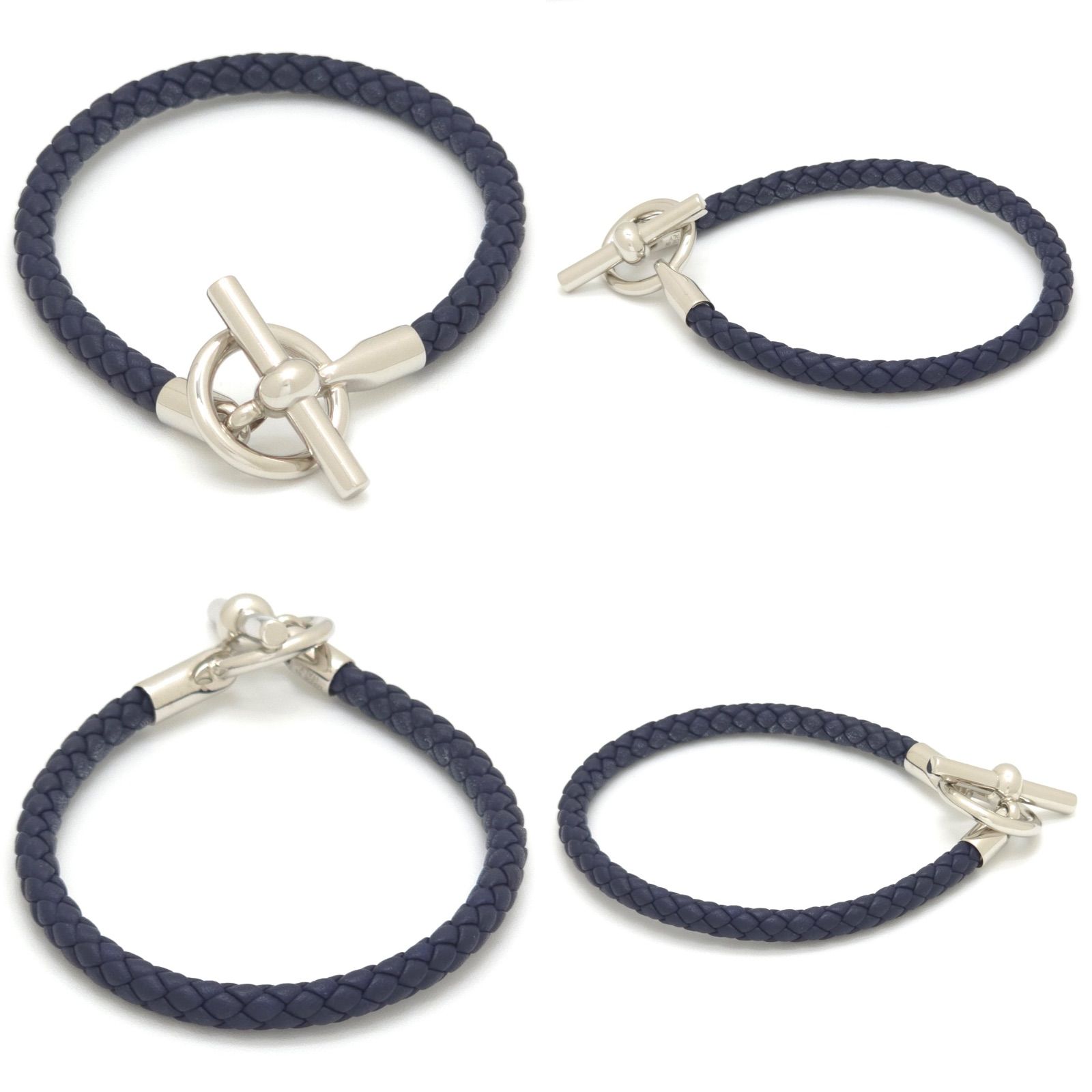 HERMES レザーブレスレット 編み込み ネイビー×グレー HERMES エルメス グレナン レザー ブレスレット 腕周り約17.5