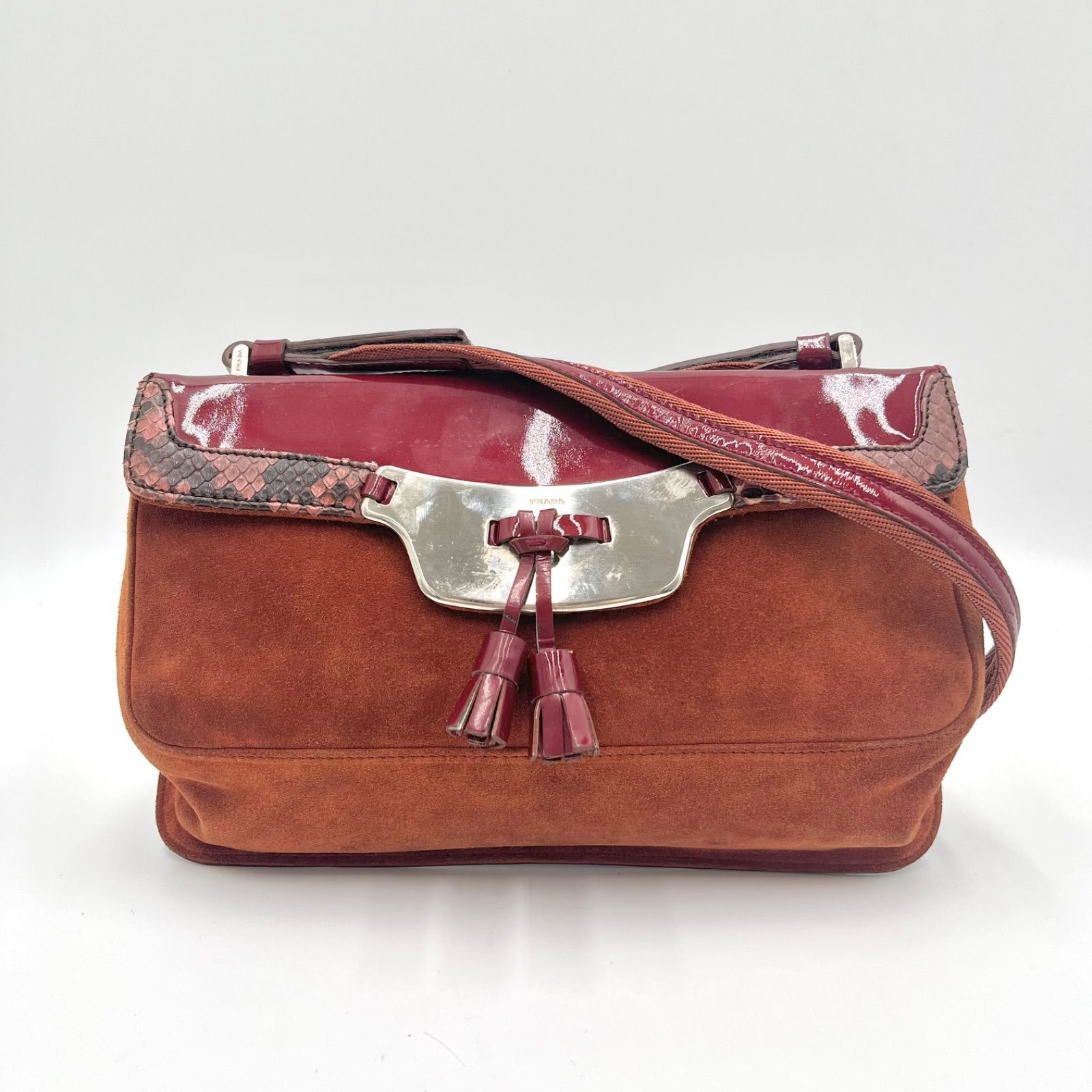 Auth Prada Y2K Tassel Suede Python Patent Leather Shoulder Bag