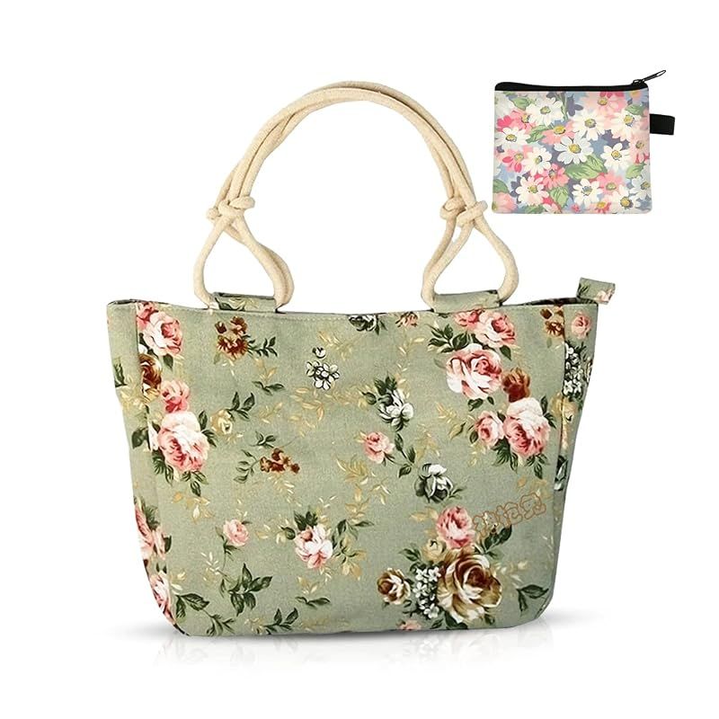 [NICOLE & DORIS] トートバック キャンバス レディース ハンドバッグ 帆布 可愛い花柄 軽量 大容量 A4対応 トート 撥水 自立 ショルダーバッグ マザーズバッグ おしゃれ ブランド 通勤 旅行 ショッピング プレゼント グリーン 花+ポーチ