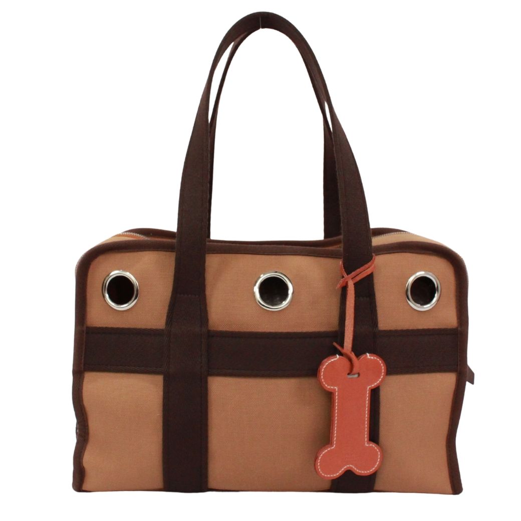 【新着】HERMES 犬用バッグ II ナイロン、コットン ブラウン、ベージュ ハンドバッグ シルバー H800639EK01