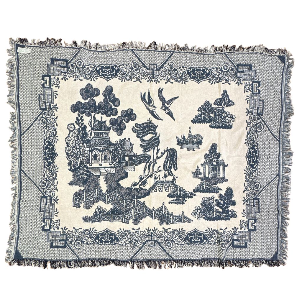 vintageラグ ブランケット マルチカバー タペストリー USA製 イギリス 食器アート Rug Blanket Blue Willow 3822