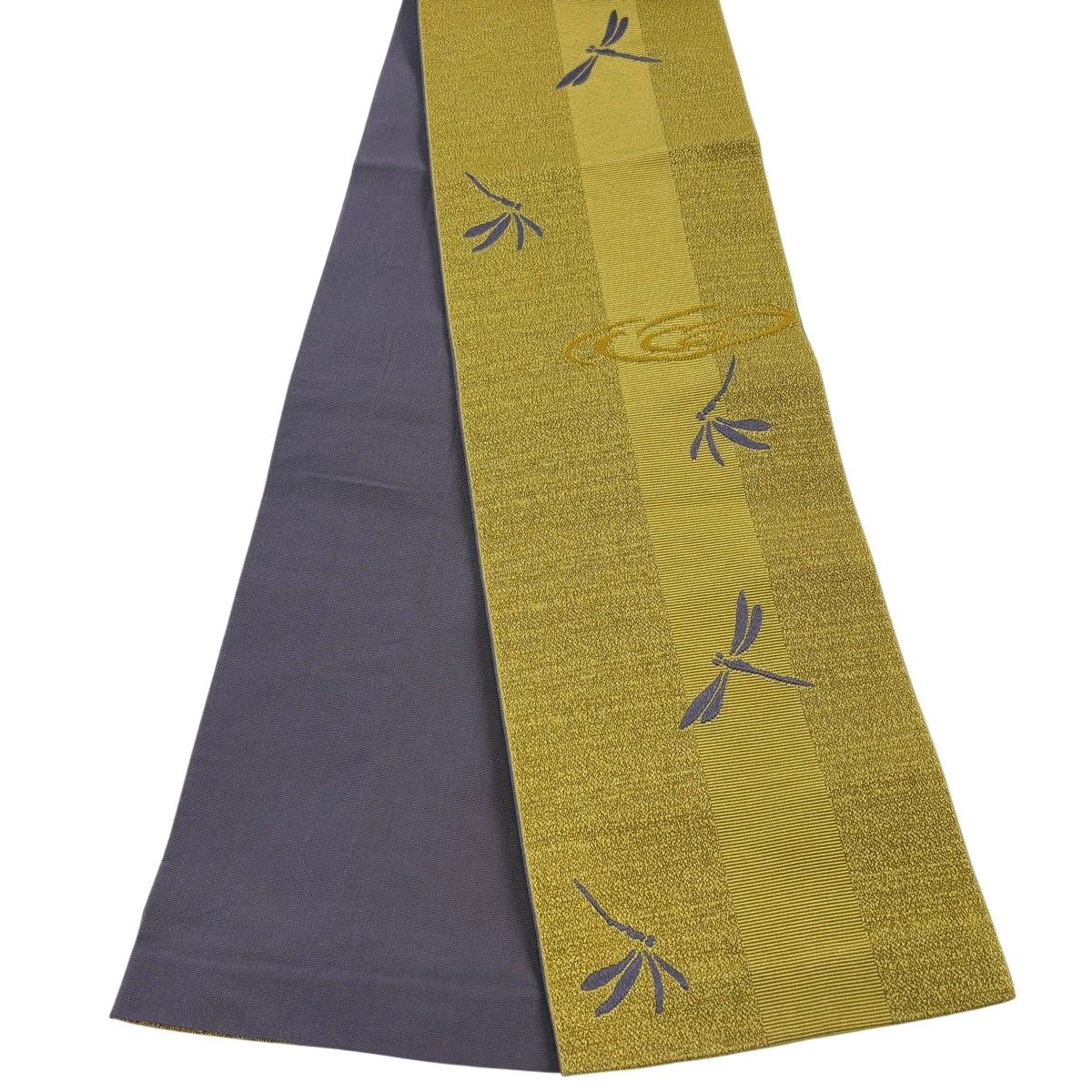 半幅帯 優品 トンボ 縞 からし色 化繊 【中古】