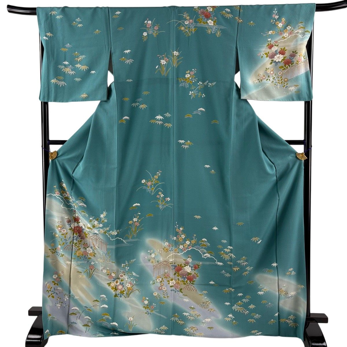 訪問着 身丈172.5cm 裄丈68cm L 袷 牡丹 草花 金彩 ぼかし 薄青緑 正絹