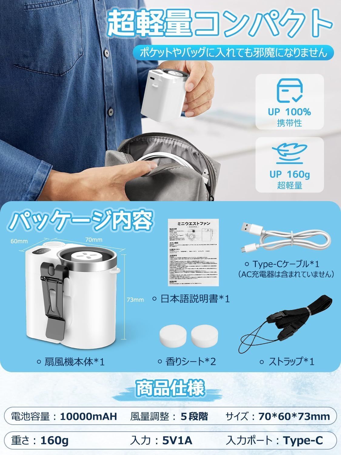 限定価格1599円・5%OFFクーポン】ベルトファン 10000mAh 腰掛け扇風機