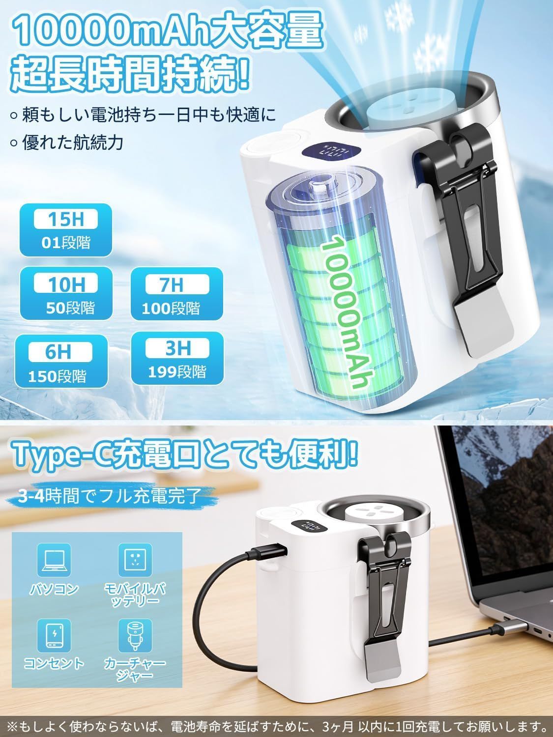 限定価格1599円・5%OFFクーポン】ベルトファン 10000mAh 腰掛け扇風機