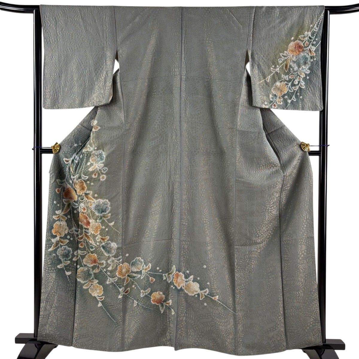 訪問着 身丈159cm 裄丈64cm M 袷 辻が花 金通し 金銀彩 灰緑 正絹 名品