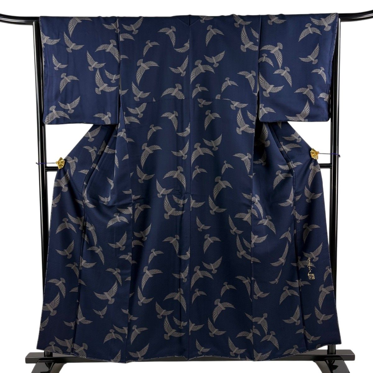 小紋 身丈157.5cm 裄丈65cm M 袷 斉藤三才 落款 鳥 紺色 正絹 名品 【中古】
