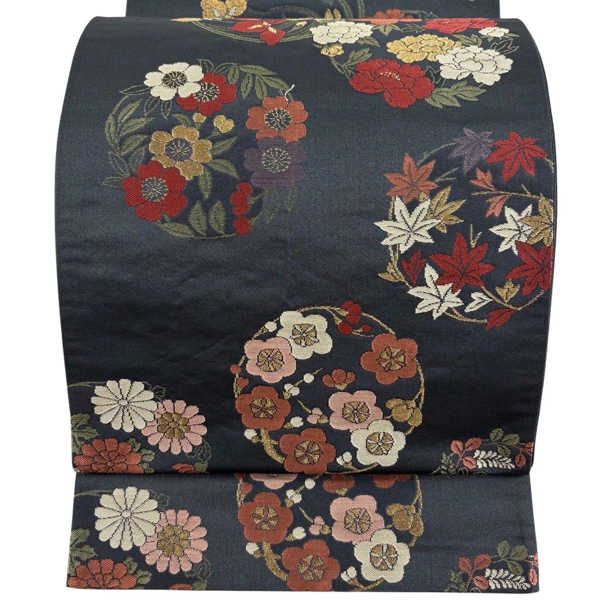 【美品】 袋名古屋帯 秀品 花丸文 金糸 墨色 正絹 【中古】