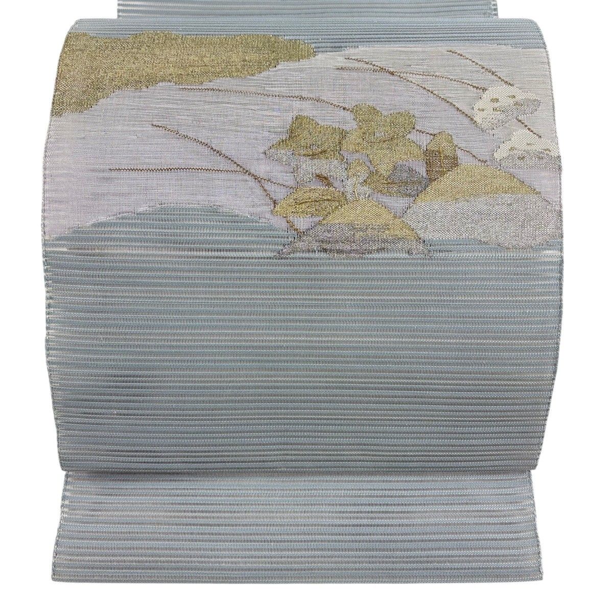 【美品】 名古屋帯 秀品 夏帯 絽 山 草花 金銀糸 青灰色 正絹 【中古】