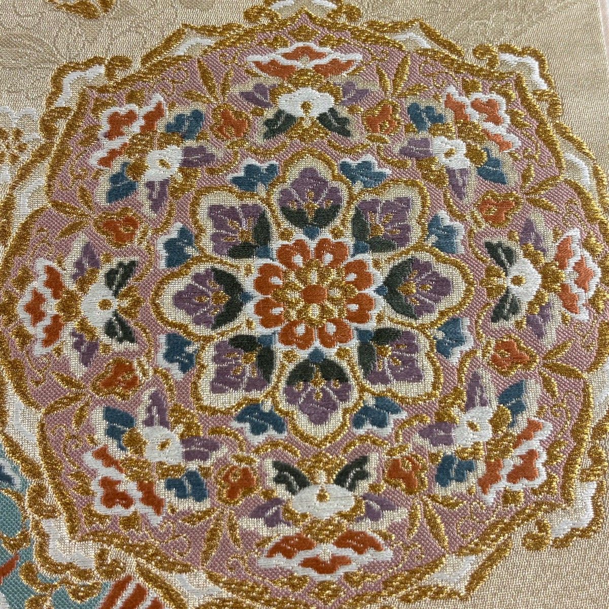 美品】 袋帯 秀品 華文 草花 金糸 唐織 金色 六通 正絹 【中古