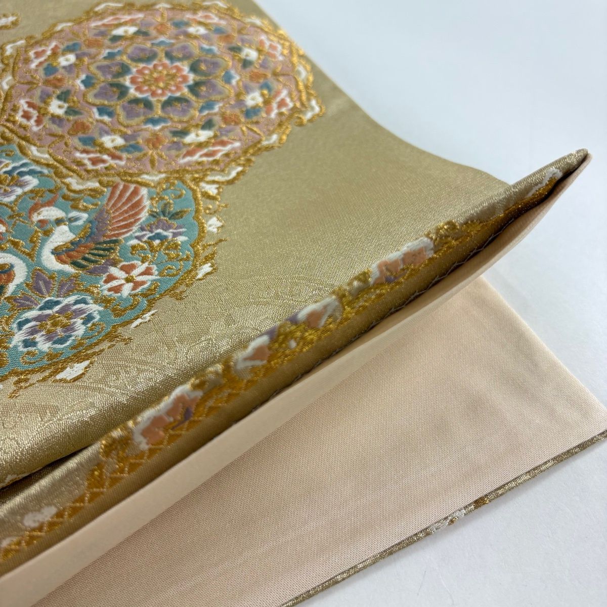 美品】 袋帯 秀品 華文 草花 金糸 唐織 金色 六通 正絹 【中古