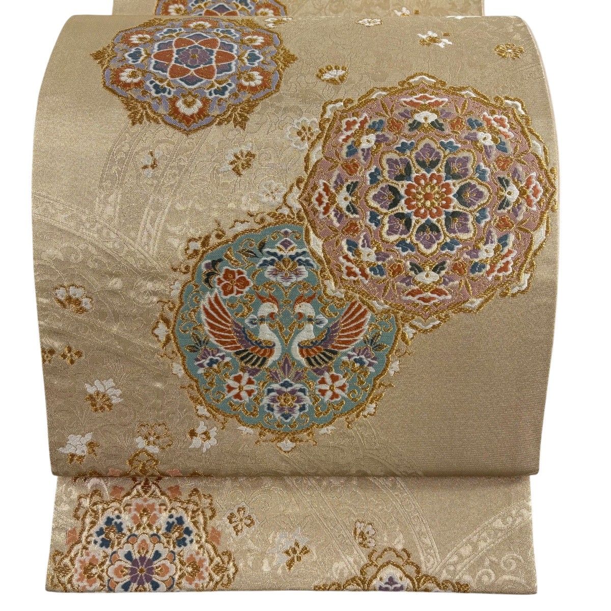 美品】 袋帯 秀品 華文 草花 金糸 唐織 金色 六通 正絹 【中古