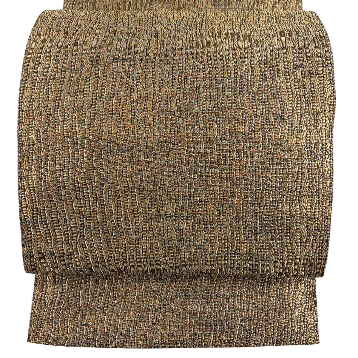 【美品】 名古屋帯 秀品 八寸名古屋帯 松葉仕立て よろけ縞 幾何学模様 金糸 薄茶色 正絹 【中古】