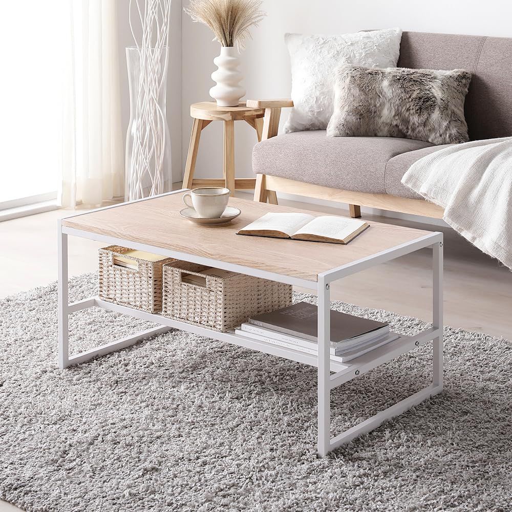 ★新品★RASIK ローテーブル 机 単品 幅80cm ナチュラル コンパクト リビング 収納付き 高さ調節 アイアン スチール お客様組立 Rectico レクティコ 05608751