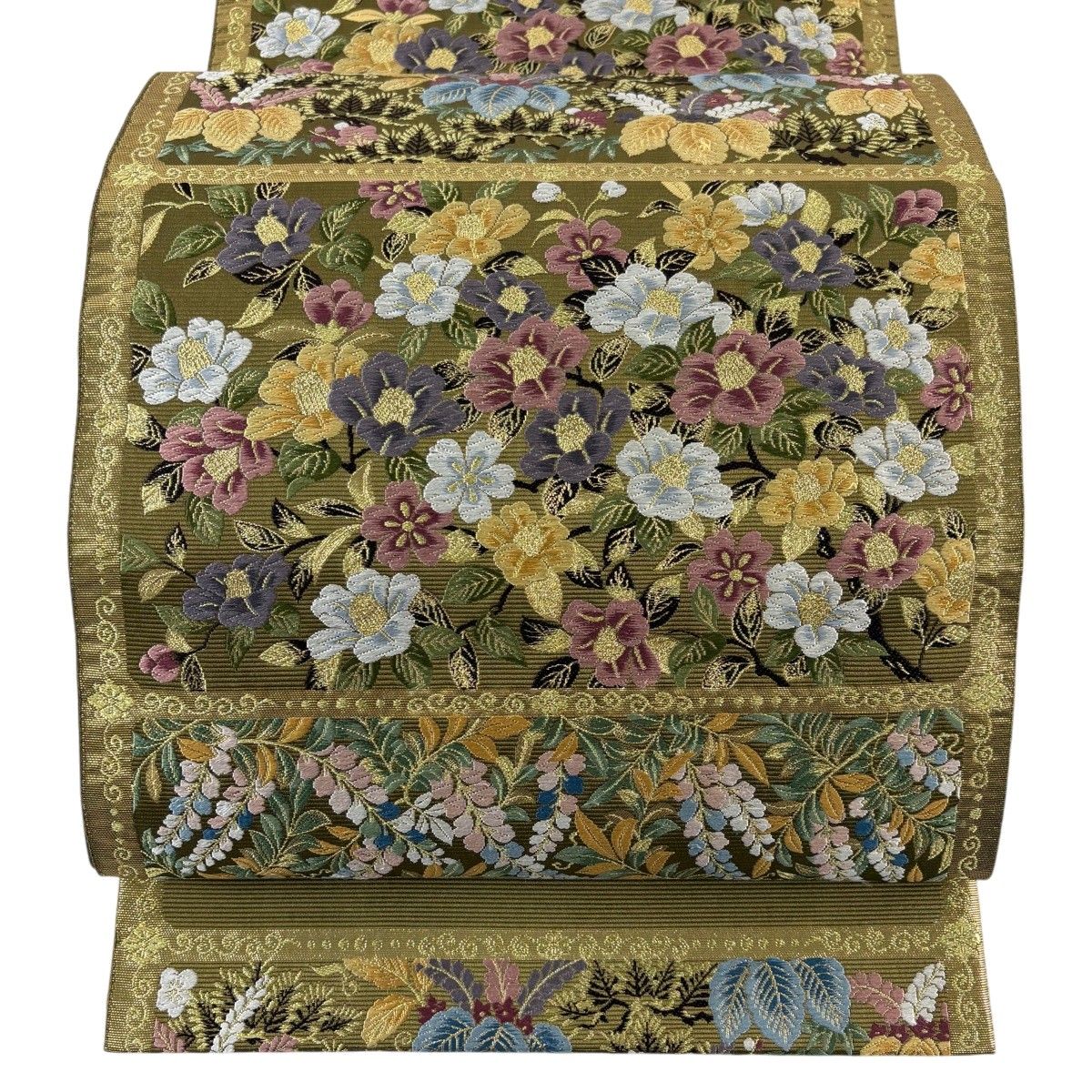 【美品】 袋帯 名品 錦華宝相 椿 松竹梅 金糸 唐織 鶯色 六通 正絹 【中古】