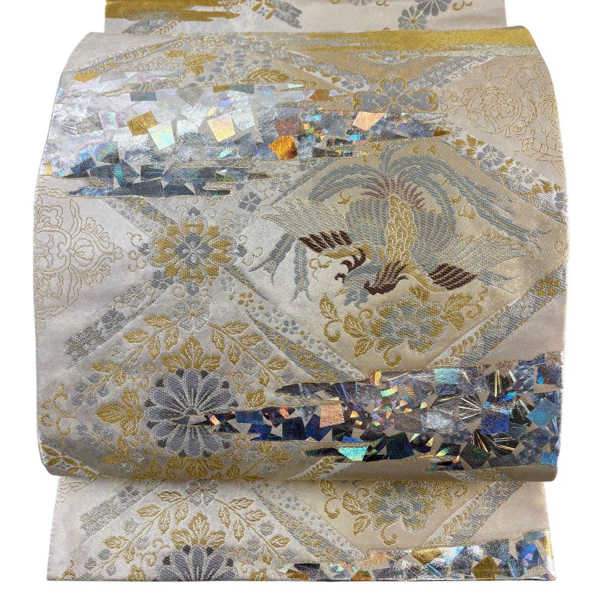 【美品】 袋帯 名品 堀省平 落款 格天井 霞 箔 金銀糸 銀色 六通 正絹 【中古】